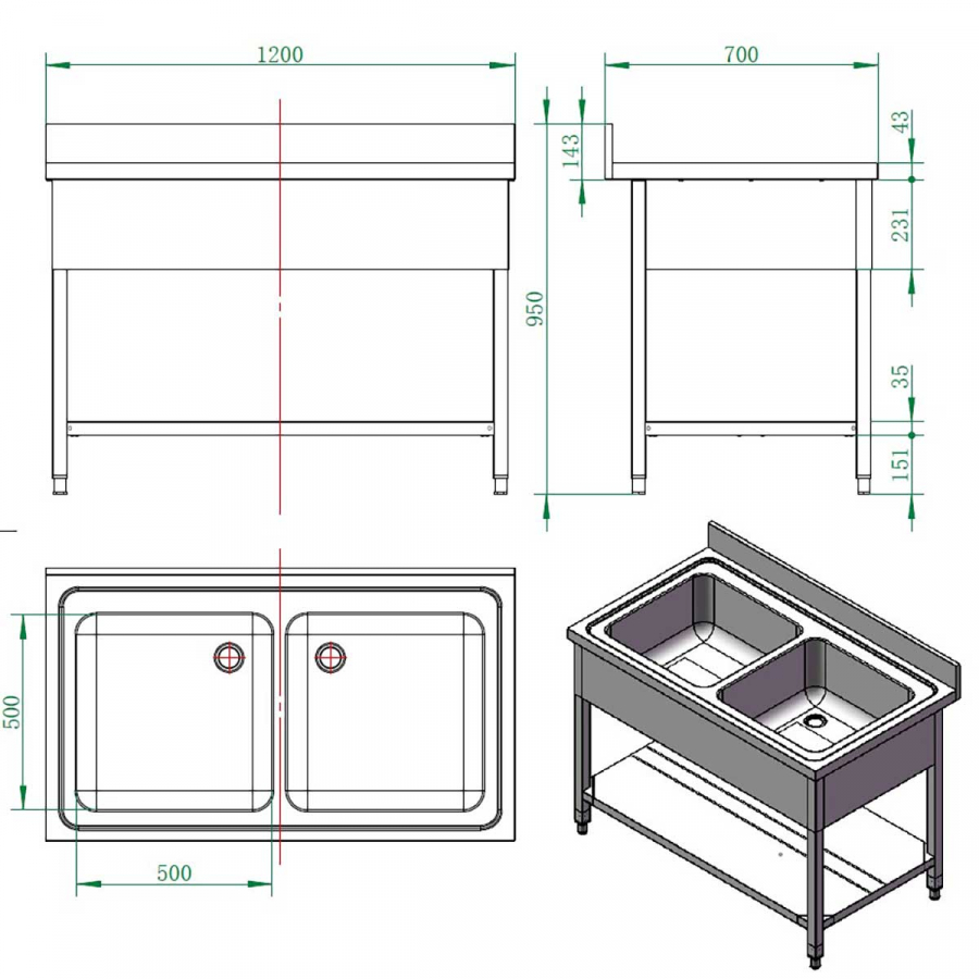EASYLINE Spültisch 700 / 2 Becken B:1200
