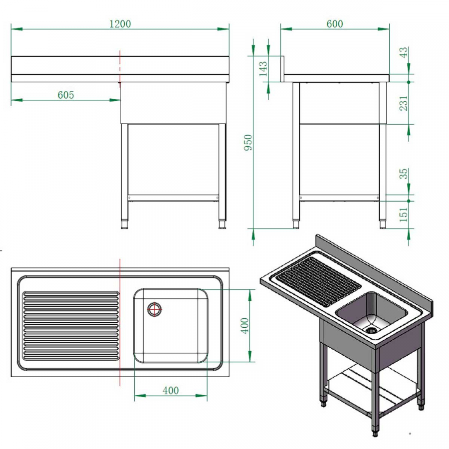 EASYLINE Spülcenter 600 / 1 Becken rechts B:1200