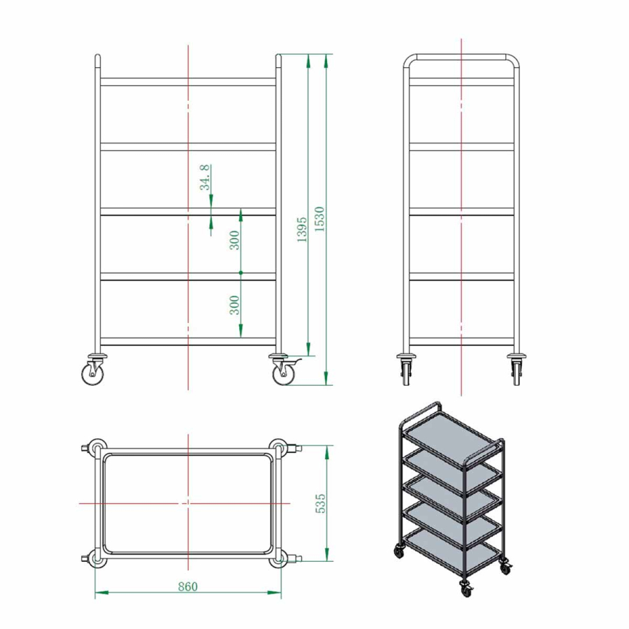 EASYLINE Serveertrolley RVS / 5 planken