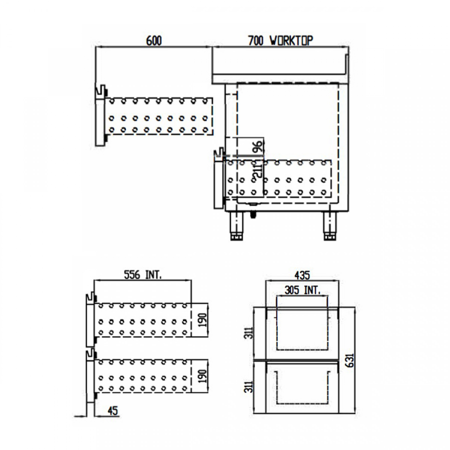 TOPLINE Kühltisch 700 / 2-fach GN1/1 mit 4 Schubladen & Aufkantung