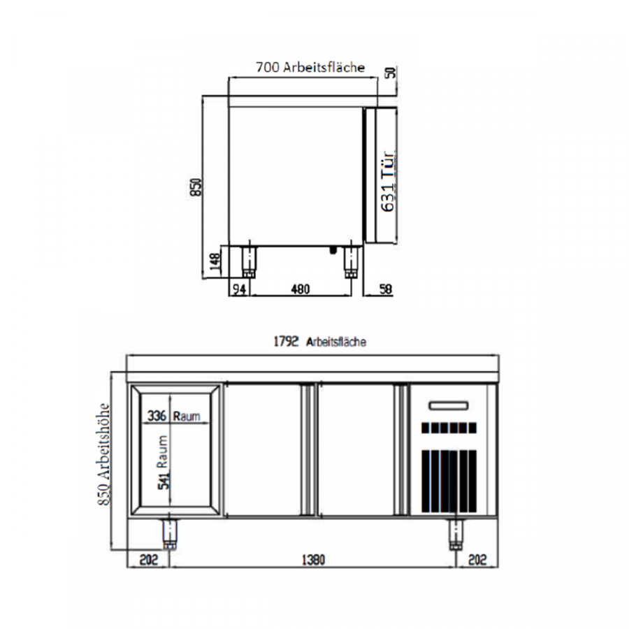 TOPLINE Kühltisch 700 / 3-fach GN1/1 mit 2 Schubladen / 2 Türen
