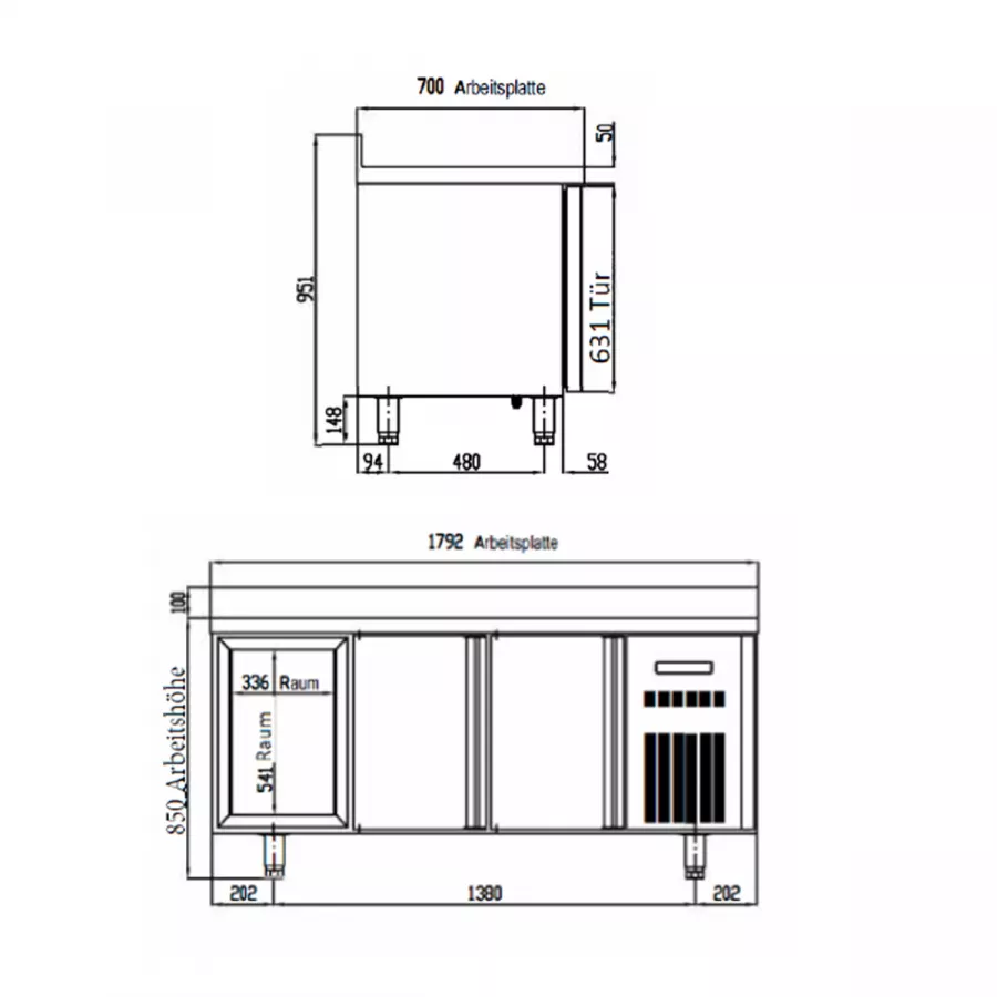 TOPLINE Kühltisch 700 / 3-fach GN1/1 mit 2 Schubladen / 2 Türen & Aufkantung