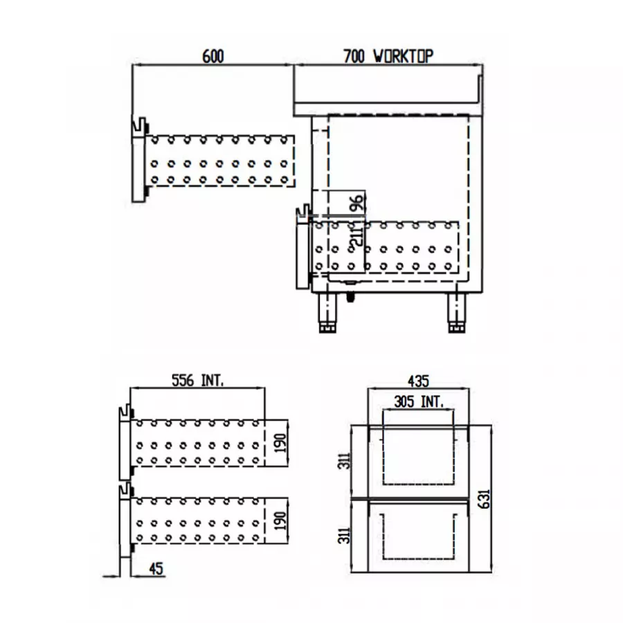 TOPLINE Kühltisch 700 / 3-fach GN1/1 mit 2 Schubladen / 2 Türen & Aufkantung