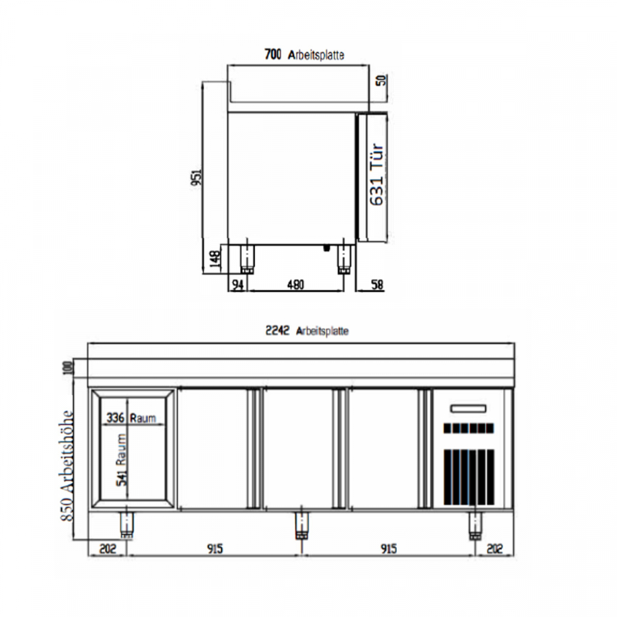TOPLINE Kühltisch 700 / 4-fach GN1/1 mit 4 Türen & Aufkantung