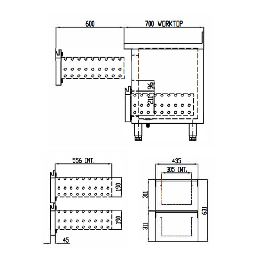 TOPLINE Kühltisch 700 / 4-fach GN1/1 mit 6 Schubladen / 1 Tür