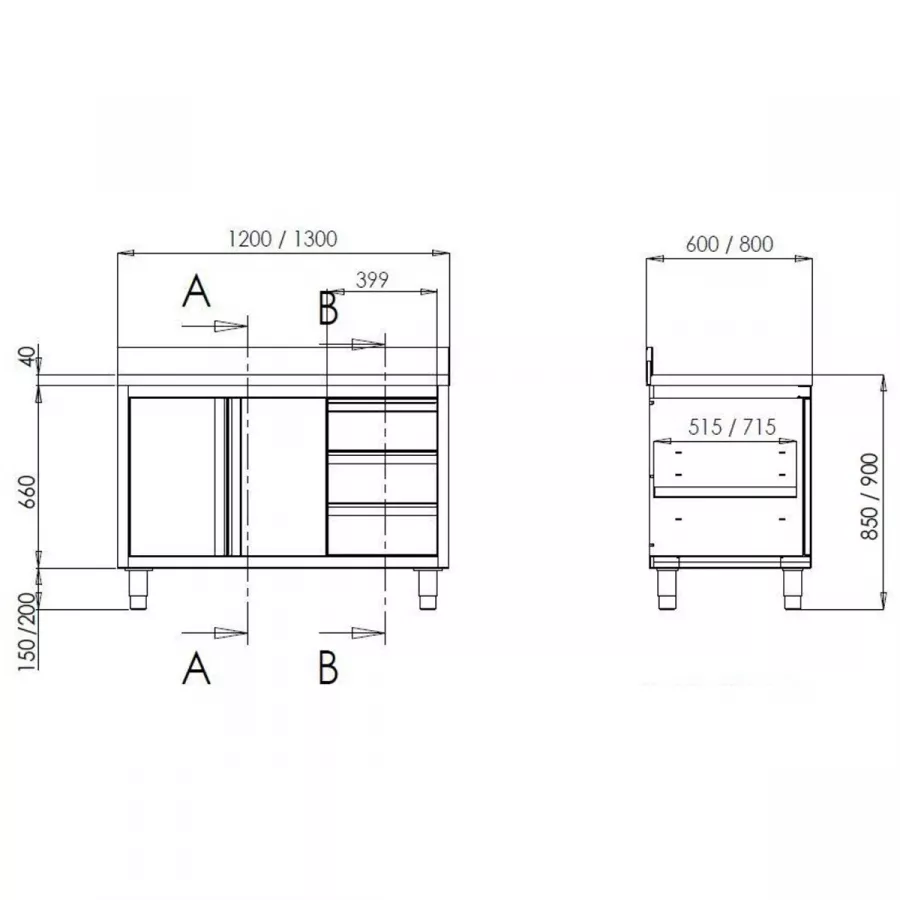 TOPLINE Arbeitsschrank 600 / 2 Schiebetüren, 3 Schubladen & Aufkantung B:1500