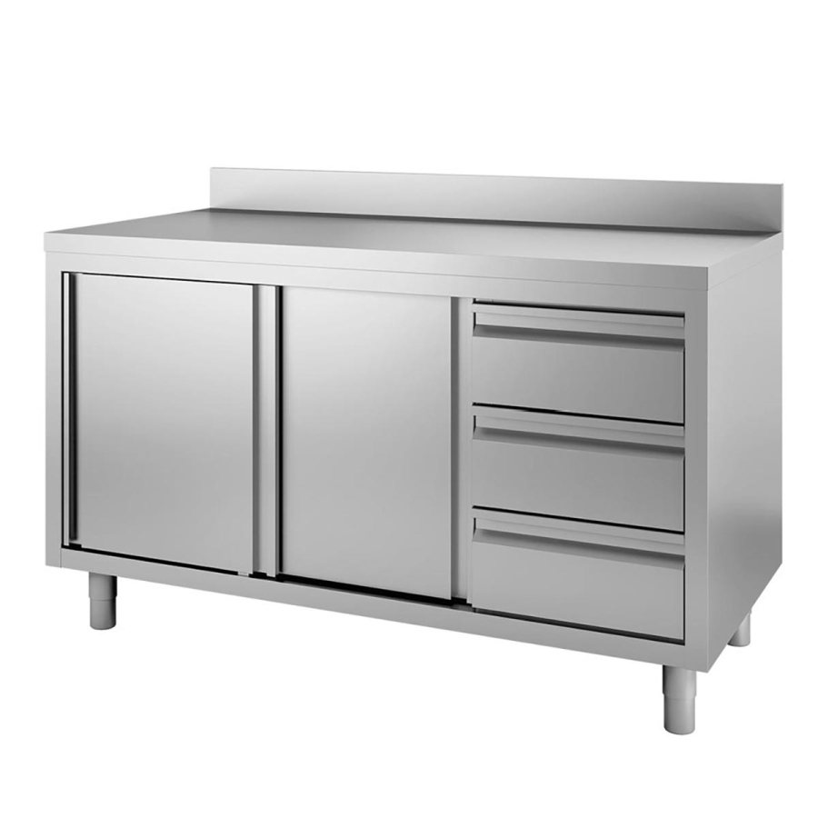 Werkbank 600 met 2 schuifdeuren en 3 laden - opstaande rand - B 1600