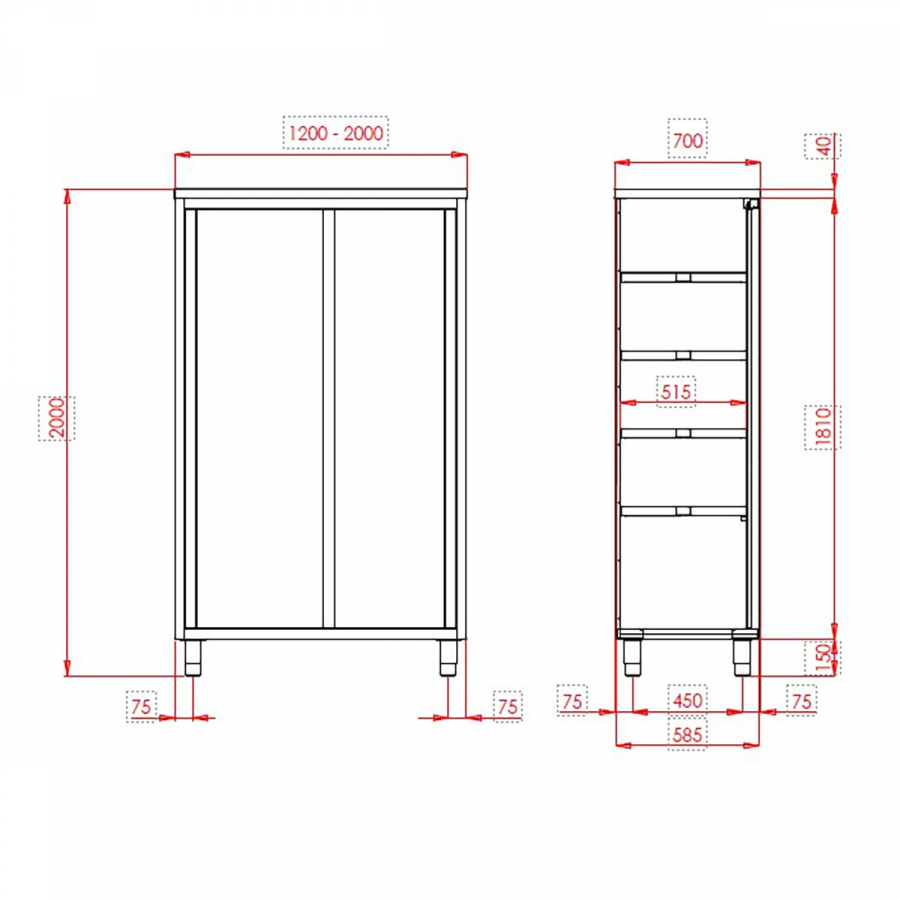 TOPLINE Hochschrank 700 / 2 Schiebetüren B:1400