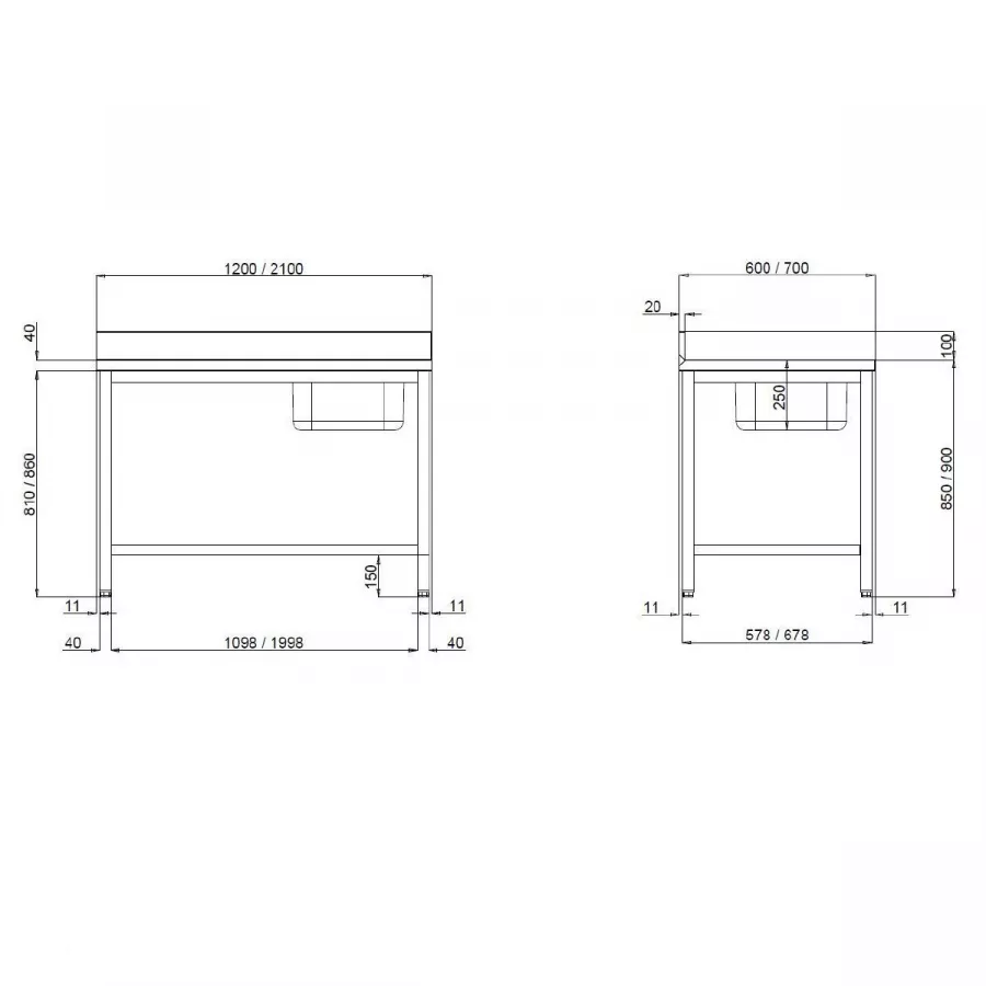 TOPLINE Cheftisch 600 / Becken rechts mit Aufkantung B:1400