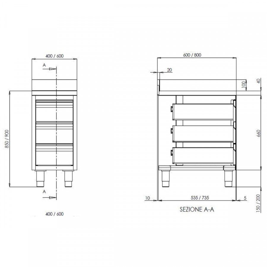 TOPLINE Schubladenschrank 600 / 3 Schubladen & Aufkantung B:600