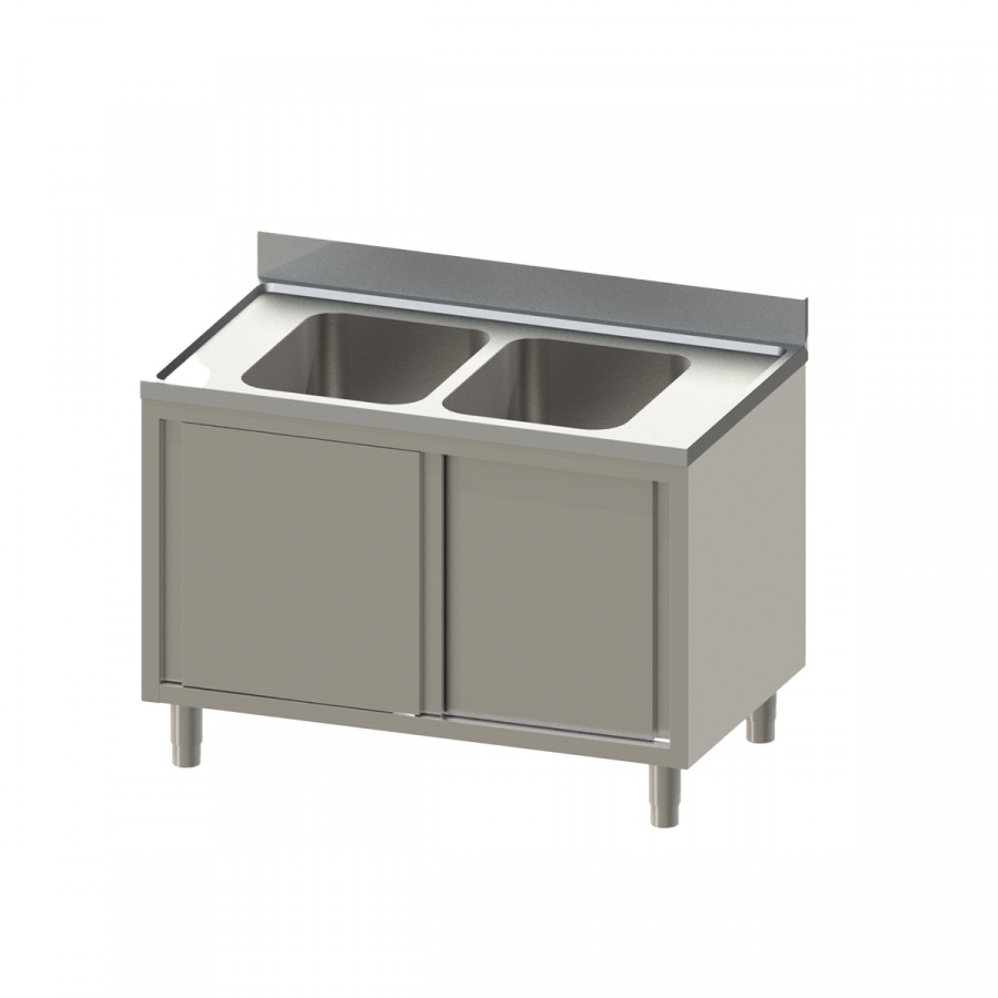 Topline Spülschrank 700 2 Becken mit Schiebetüren B-1400 - Spülschrank für Gastronomie mit 2 Becken und Schiebetüren, 1400 mm Breite