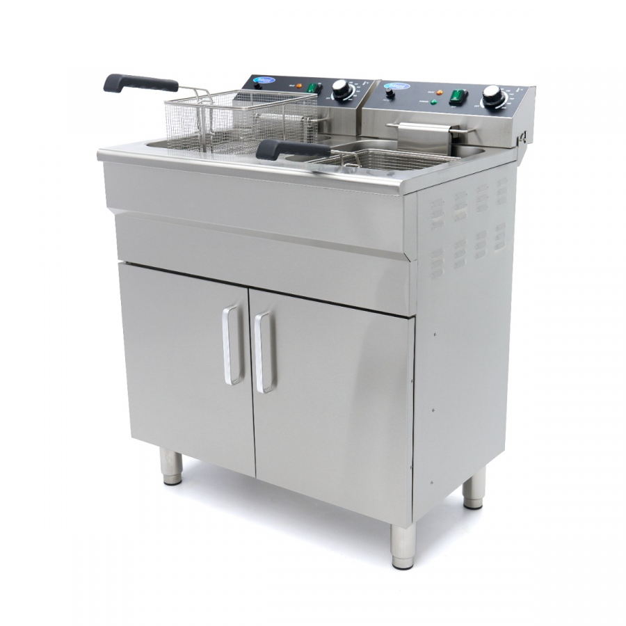 Fritteuse - 2 x 16 l - 2 Körbe - mit Ablasshahn und Ständer - 230V Fritteuse - 2 x 16 l - 2 Körbe - mit Ablasshahn und Ständer - 230V