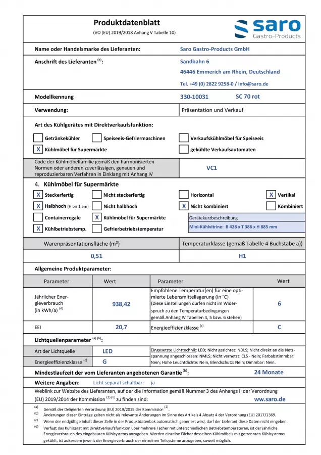 Mini-Umluftkühlvitrine 68 L rot | B 428 x L 386 x H 810 mm