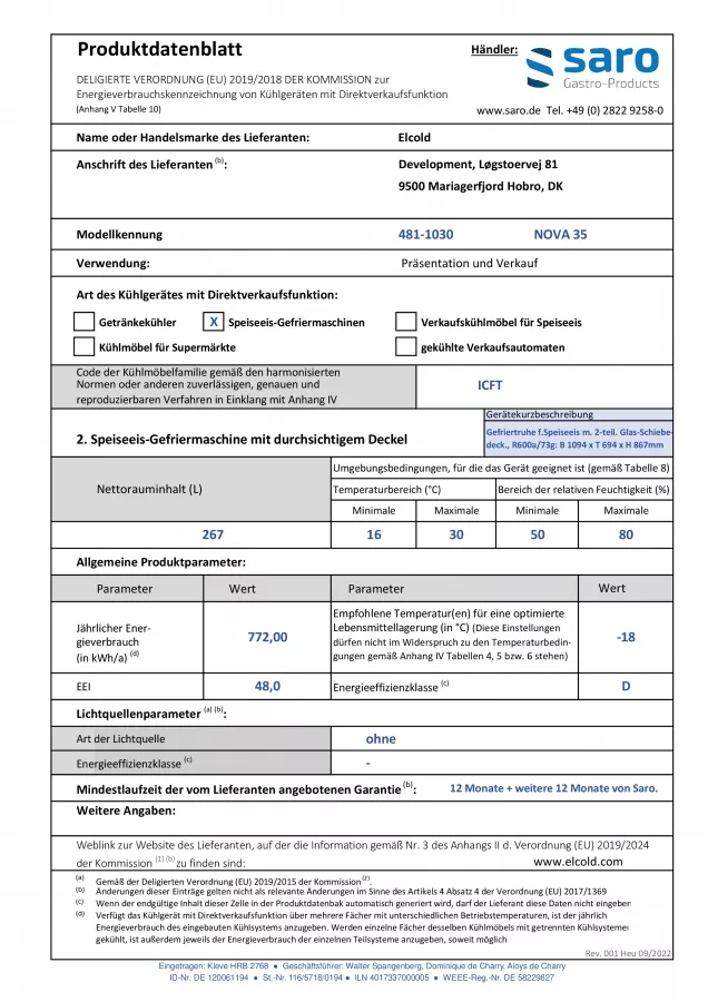 Gewerbetiefkühltruhe mit Glas-Schiebedeckel Modell NOVA 35-2BC100A