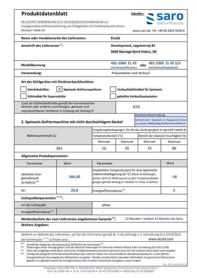 SARO Diepvrieskast EL 45 – 416/361 liter vrieskast