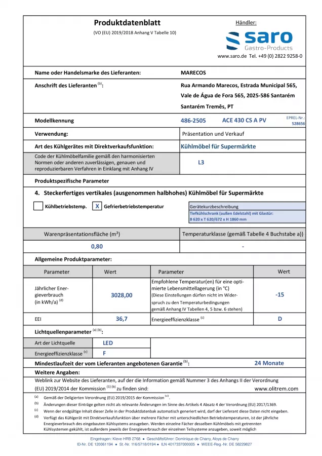 Tiefkühlschrank, Glastür, ACE 430 CS A PV