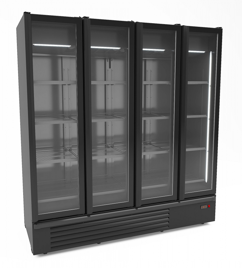 Gewerbekühlschrank mit 4 Glastüren – 1850 l – Schwarz & Umluftkühlung Gewerbekühlschrank mit 4 Glastüren – 1850 l – Schwarz & Umluftkühlung