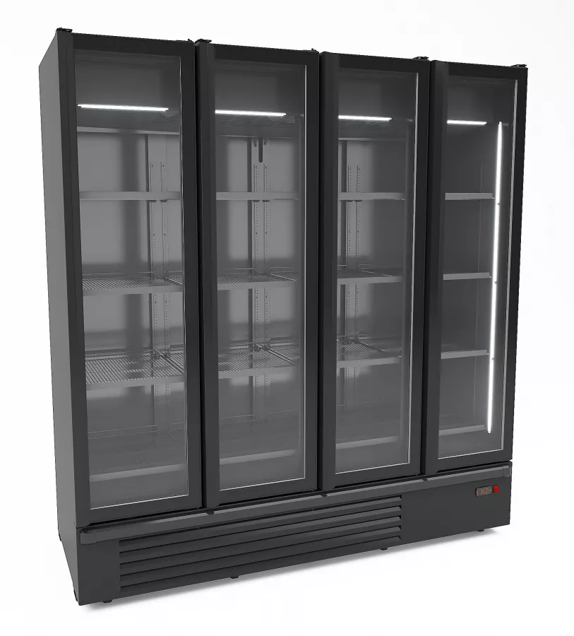 Gewerbekühlschrank mit 4 Glastüren – 1850 l – Schwarz & Umluftkühlung Gewerbekühlschrank mit 4 Glastüren – 1850 l – Schwarz & Umluftkühlung