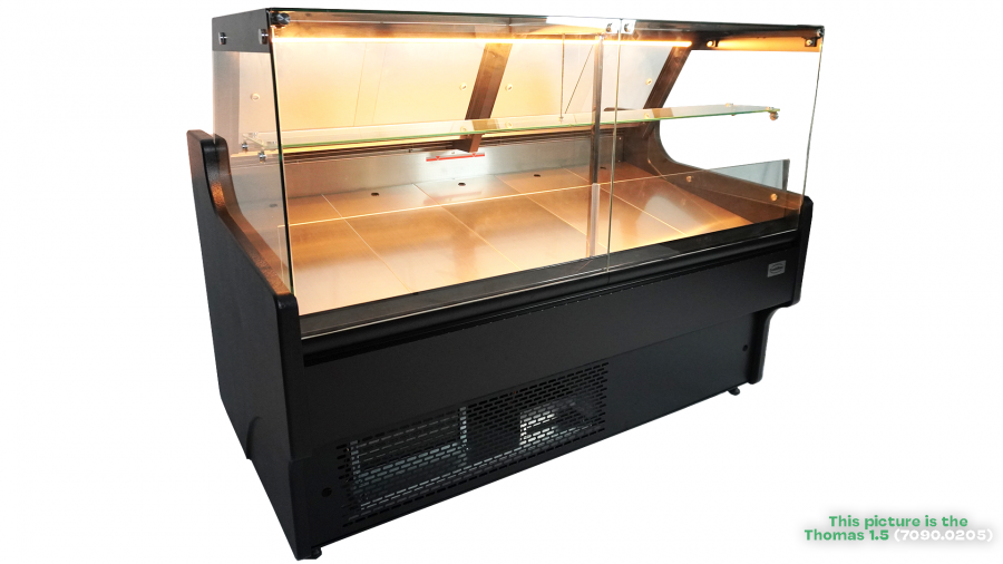 Kühlvitrine 370 l – Umluft – LED – Klappglas & Snack-Etage Kühlvitrine 370 l – Umluft – LED – Klappglas & Snack-Etage