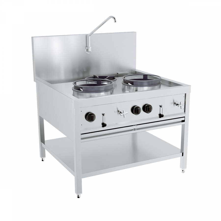 Gas-Woktisch 2×17 kW + 1×9 kW, roestvrij staal, vrijstaand