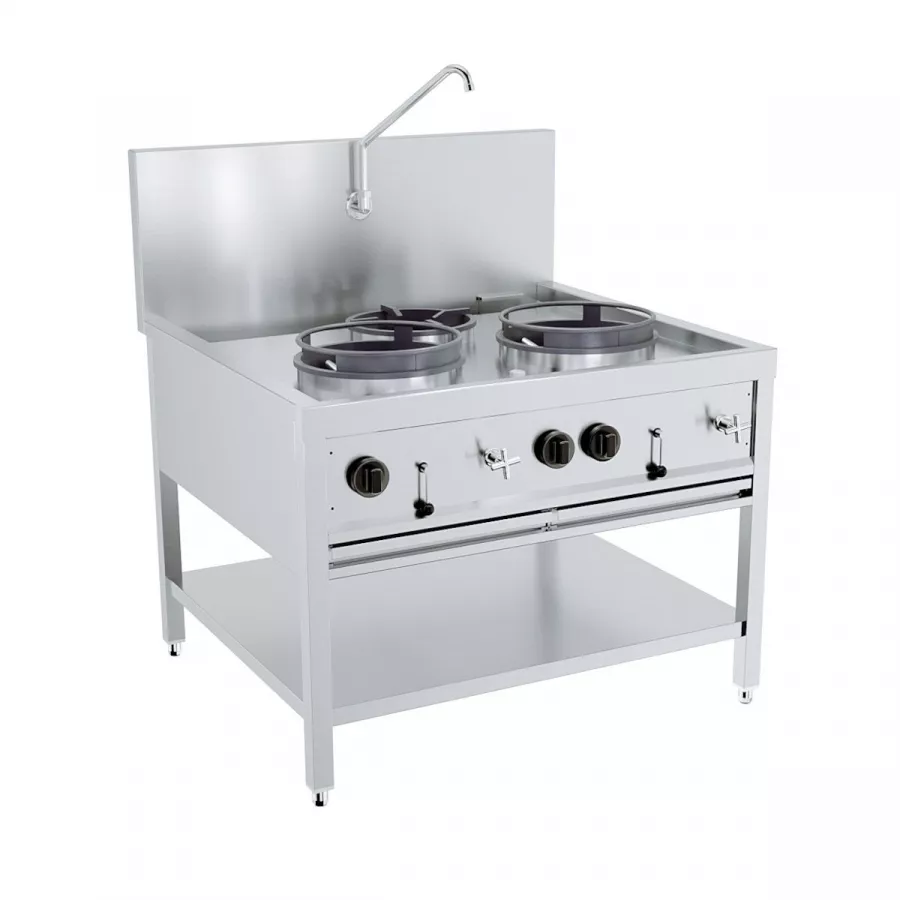 Gas-Woktisch 2×17 kW + 1×9 kW, Edelstahl, freistehend Gas-Woktisch 2×17 kW + 1×9 kW, Edelstahl, freistehend