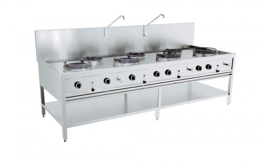 Gas-Woktisch 4×17 kW + 3×9 kW, 2 500 mm, freistehend