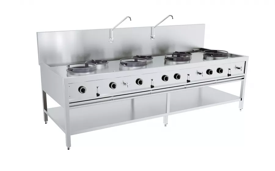Gas-Woktisch 4×17 kW + 3×9 kW, 2 500 mm, freistehend Gas-Woktisch 4×17 kW + 3×9 kW, 2 500 mm, freistehend