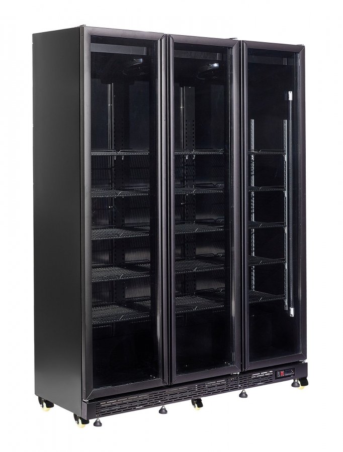 Gewerbekühlschrank mit 3 Glastüren – Schwarz – mit Glasheizung & LED Gewerbekühlschrank mit 3 Glastüren – Schwarz – mit Glasheizung & LED