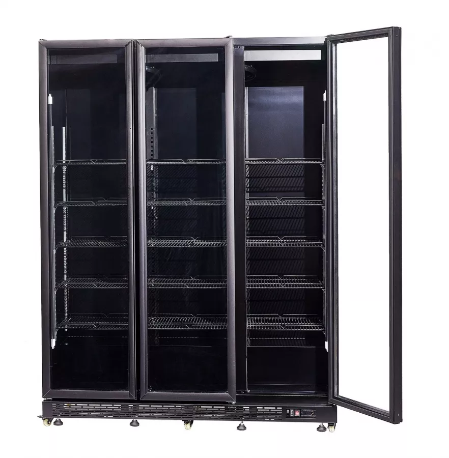Gewerbekühlschrank mit 3 Glastüren – Schwarz – mit Glasheizung & LED Gewerbekühlschrank mit 3 Glastüren – Schwarz – mit Glasheizung & LED
