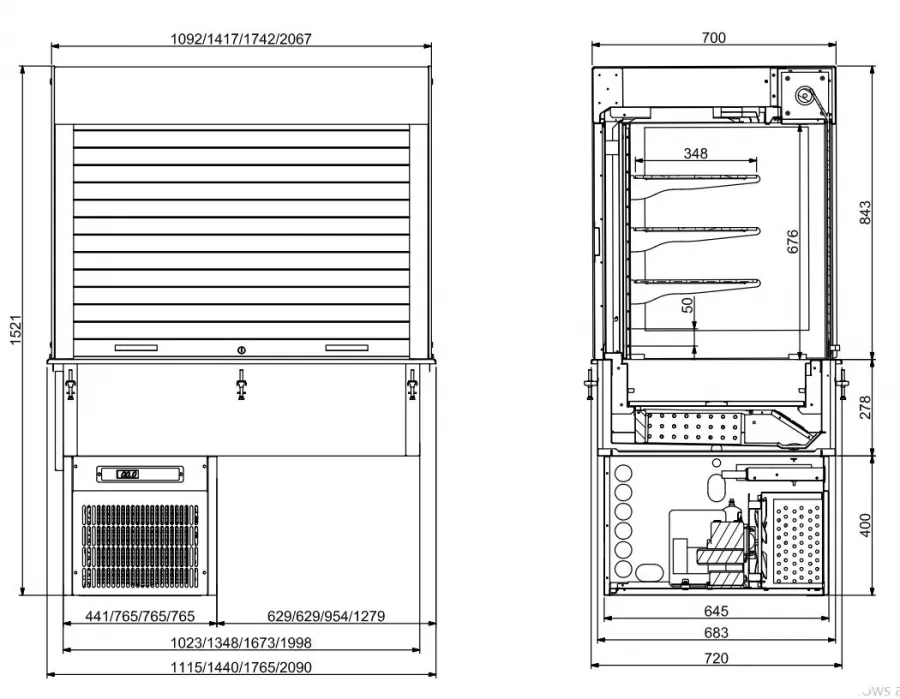 Einbau Wandmodell Kühlvitrine Eckig - Mit Jalousie 4/1 Gn