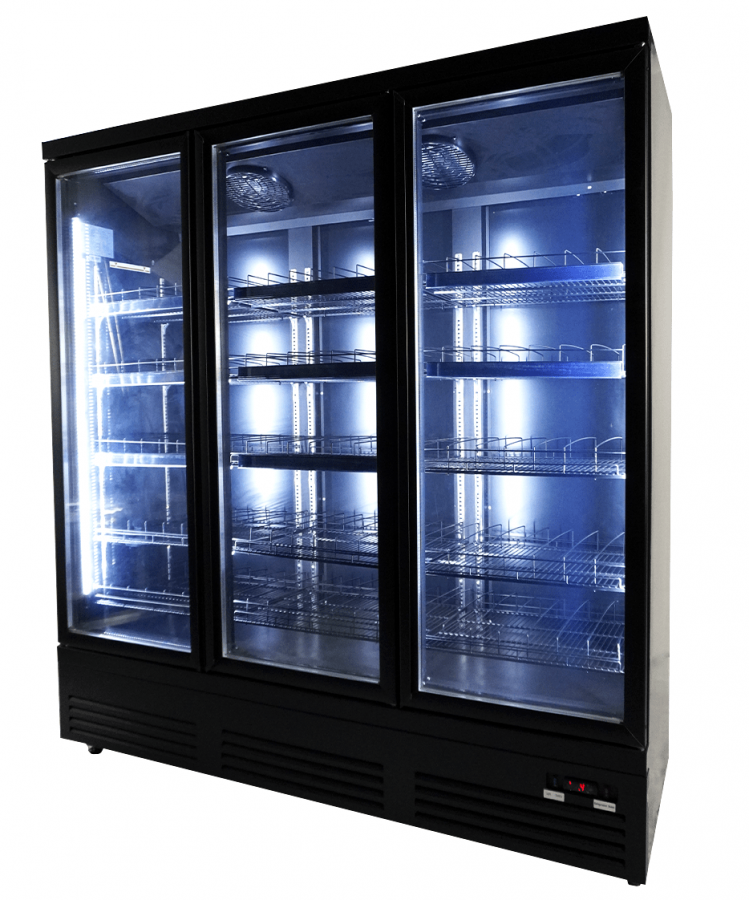 Kühlschrank mit 3 Glastüren – Schwarz, CEB-1600R-BL | Perfekte Gastronomielösung