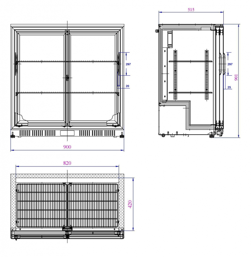 Barkühler Schwarz LED 2 Schiebetüren 208 Liter 900x520x900 mm
