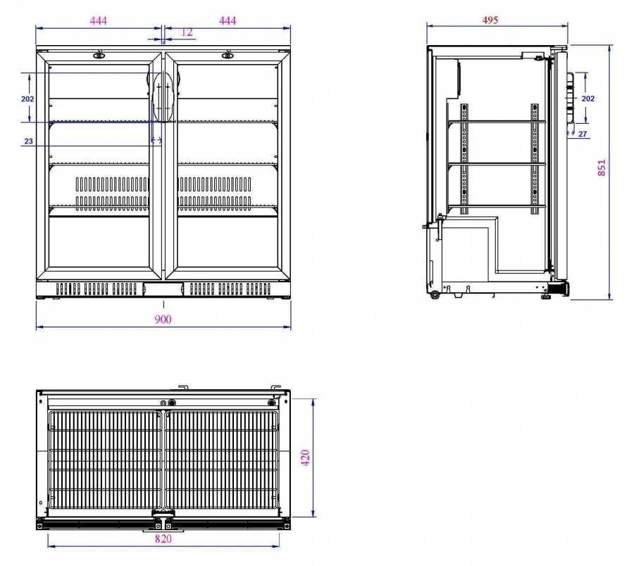 Barkühler Schwarz LED 2 Türen 198 Liter 900x520x850 mm
