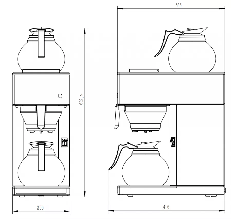 Kaffeemaschine mit 2 Glaskannen 1,8 L – 100 Tassen/Stunde Kaffeemaschine mit 2 Glaskannen 1,8 L – 100 Tassen/Stunde