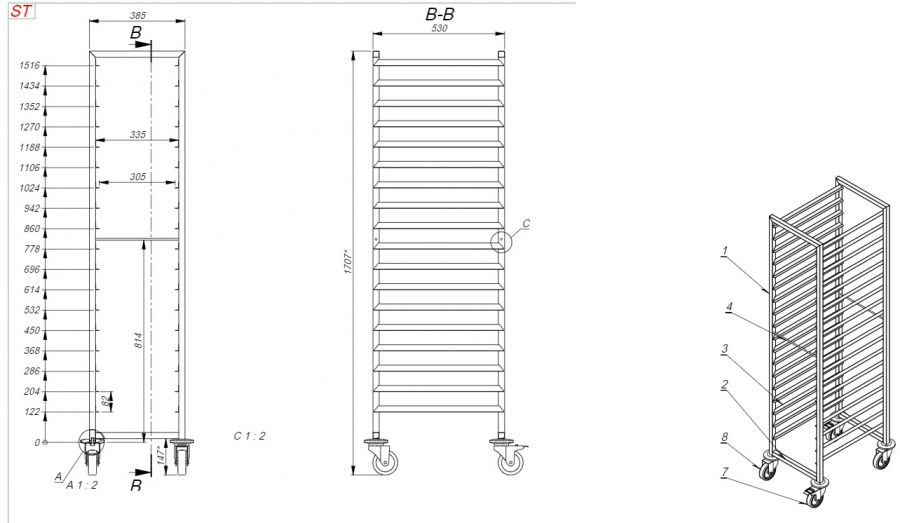 Afhaalwagen 1/1 GN met 18 inzetstukken | 385x530x1800 mm