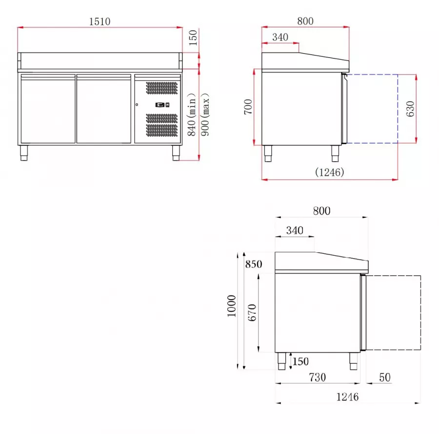 Pizzatisch 151 cm – 2 Türen – Granitplatte – Umluft Pizzatisch 151 cm – 2 Türen – Granitplatte – Umluft