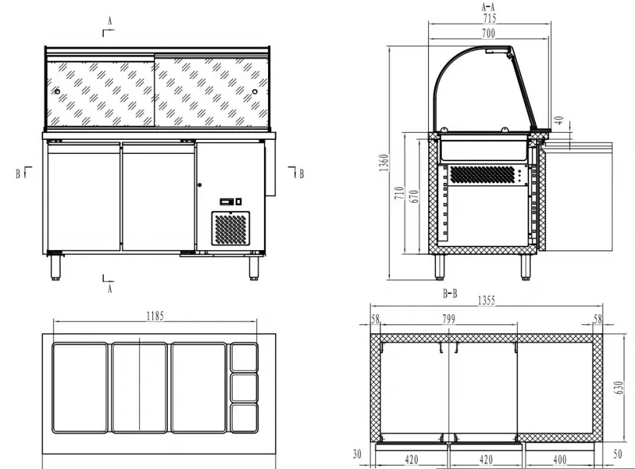 700 Kühltisch Mit Glas 2 Türen 3X 1/1 + 1/6 Gn