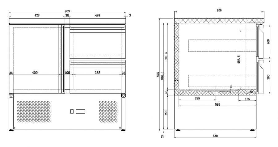 Kühltisch 1 Tür/2 Laden | 900x700x875 mm