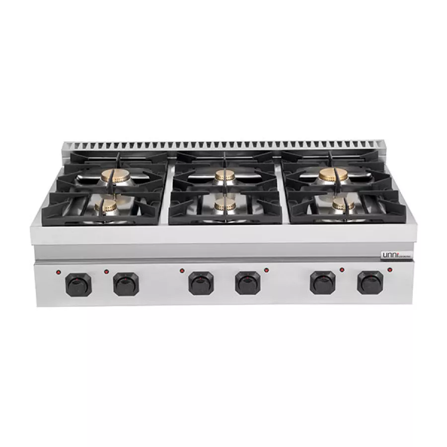 Gasherd – 44kW, 6 Brenner, Edelstahl, Gusseisenroste