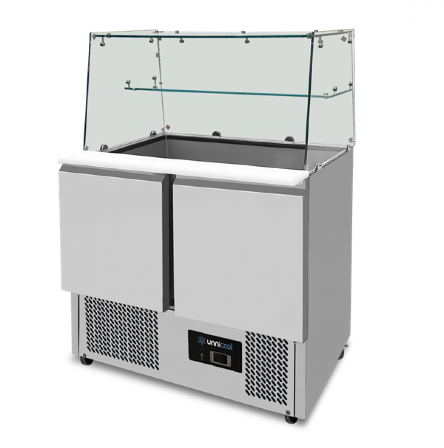 Saladette Unnicool 240L mit Glasabdeckung, 2 Türen, Edelstahl, 90x70x85cm