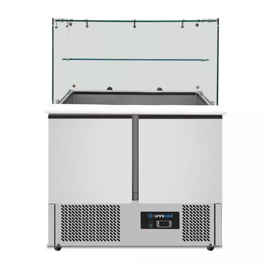 Saladette Unnicool 240L mit Glasabdeckung, 2 Türen, Edelstahl, 90x70x85cm