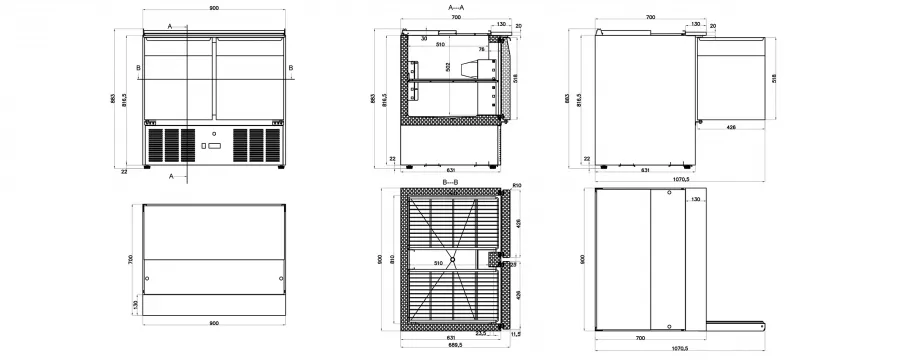 Saladette mit 2 Türen | GN 1/1 und Deckel 6x GN 1/3 + 2x GN 1/4 | B900 x T700 x H883 mm