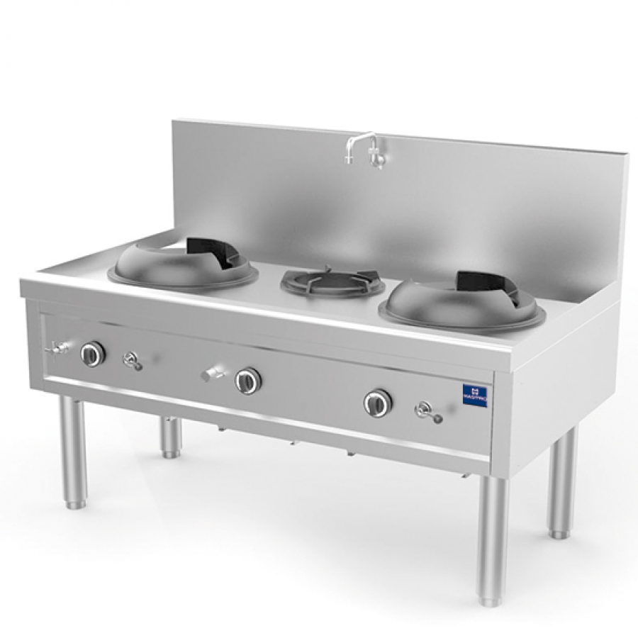 Gas wokkookplaat met 2 branders 27,5 kW, 1 soepbrander 9,2 kW, 1 waterkraan - Hoogwaardige wokkookplaat voor professionele keukens