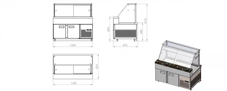 Kühltheke mit Regalboden und gerader Frontverglasung | Statische Kühlung | B1400 x T880 x H1350 mm