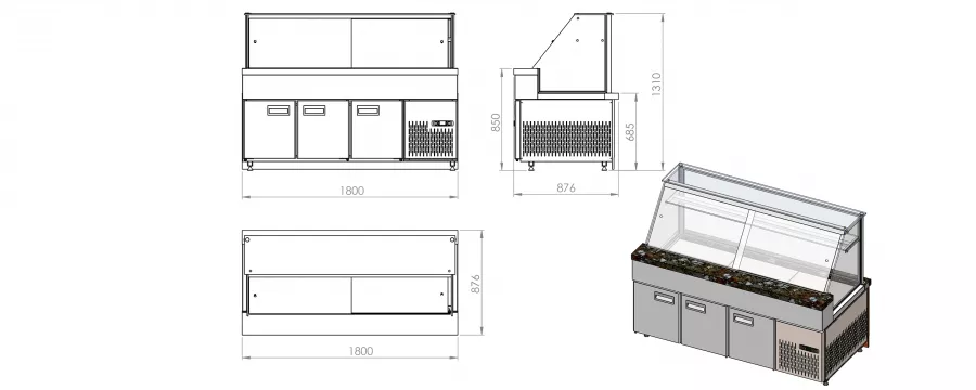 Kühltheke mit Regalboden und gerader Frontverglasung | Statische Kühlung | B1800 x T880 x H1350 mm