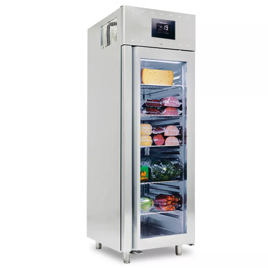 Tiefkühlschrank 700 Liter aus Edelstahl GN 2/1 mit Glastür, -10°/-22°C, 85 mm Isolierung - WiFi
