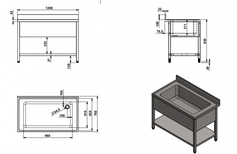 Spültisch 1200 Edelstahl 430 – 960x510x300 mm Spülbecken Spültisch 1200 Edelstahl 430 – 960x510x300 mm Spülbecken
