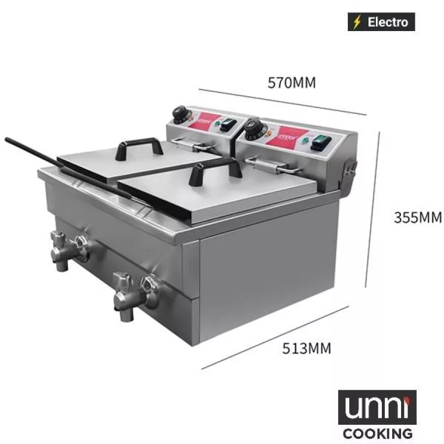 Elektrofritteuse UnniCooking 2x8L Budget – kompakt, Temperaturregelung, Ablasshahn