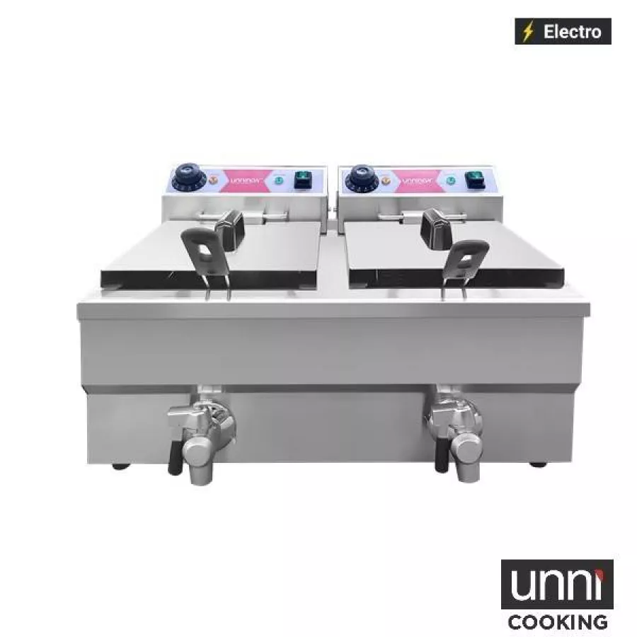 Elektrofritteuse UnniCooking 2x8L Budget – kompakt, Temperaturregelung, Ablasshahn