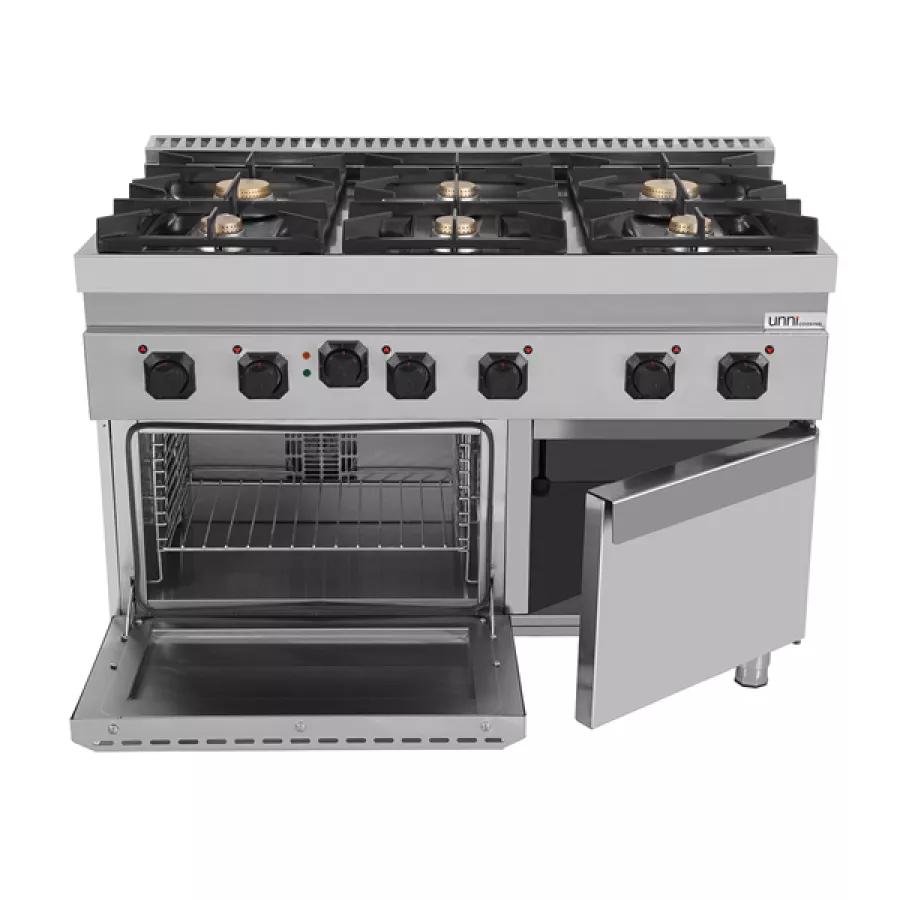 Gasherd mit Elektro-Ofen, 6 Brenner, Gusseisenrost